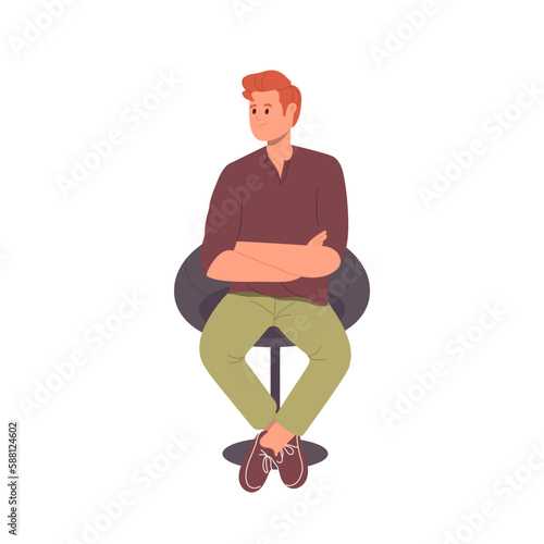 Young man character sitting on chair with folded arms in waiting pose isolated on white background