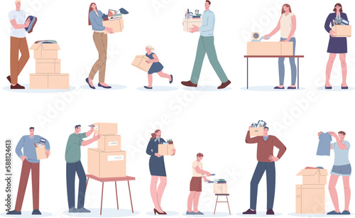 People with boxes, person packaging office or home things in cardboard box. Move, delivery or courier. Leave apartment kicky vector characters