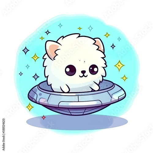 Cute white dog in ufo, cartoon chibi style, AI generative illustration