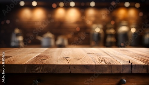 Empty wooden table top focus lights rustic farmhouse kitchen dark night background. Created with generative AI.