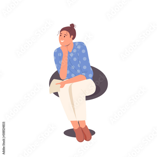 Happy smiling young woman event participant holding paper sheet listening while sitting on chair