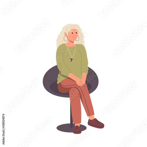 Young woman character sitting on chair having job interview, therapy session or friend meeting
