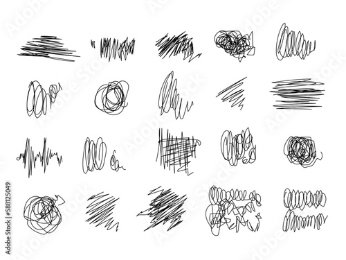 Hand-drawn Doodle lines with black pen. Simple grunge freehand shape. Ink pen scrawl collection - various shapes of hand drawn scribble line drawings. Sketchy elements. Hand drawn tangled lines.