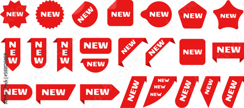 New arrival labels collection, red banners for resale or reload collection. Fashion store, grocery or techno sale tags. Info for customer, decent vector web banners