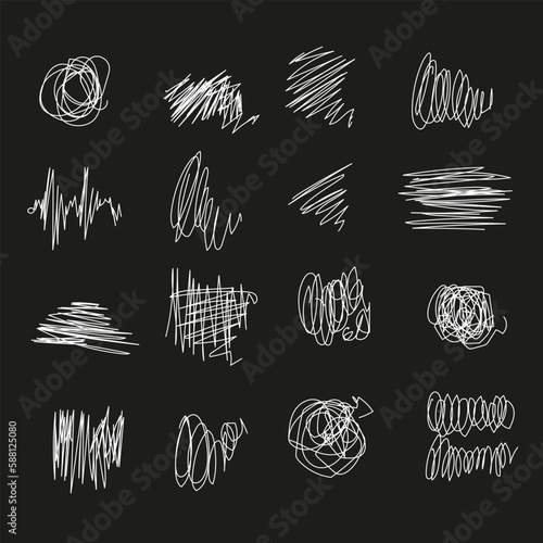 Vector pen strikethrough set. Grunge Ink pen. Distressed quill. White strokes on board. strikethrough by a sharp feather. Stock illustration is on black background. Freehand hatching shapes.