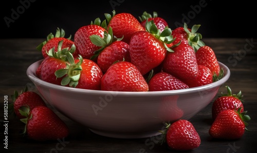  a white bowl filled with lots of ripe strawberries on top of a wooden table.  generative ai