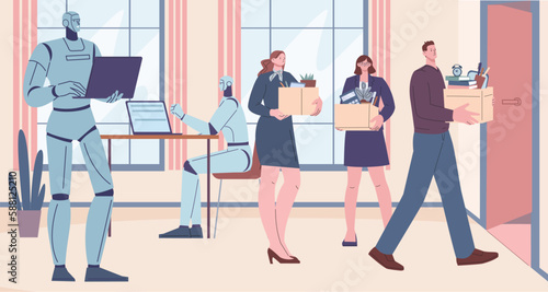 People vs robots on work. Employee human dismissal, welcome robot in office. Business technological challenge, innovation and replace, kicky vector scene