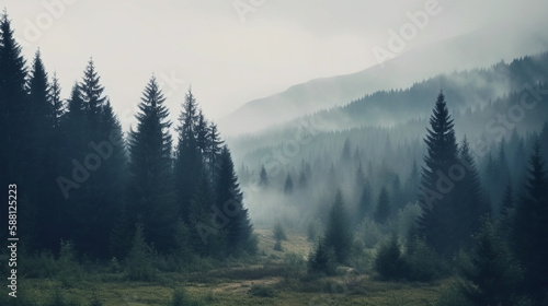 Forest in the morning mist in the mountain. Generative AI