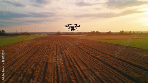 The drone is flying over the plowed field. Generative AI