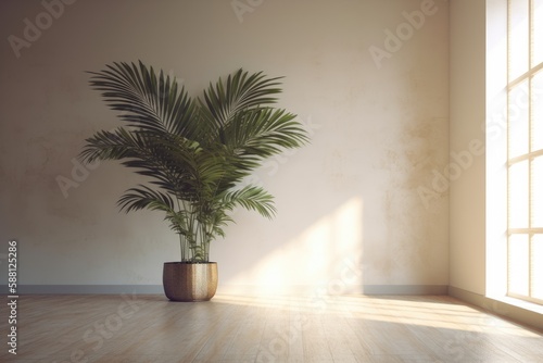 houseplant standing on hardwood floor near a window. Generative AI