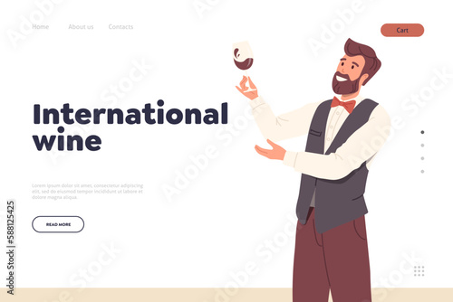 Landing page with international wine day concept and happy sommelier presenting new taste bouquet