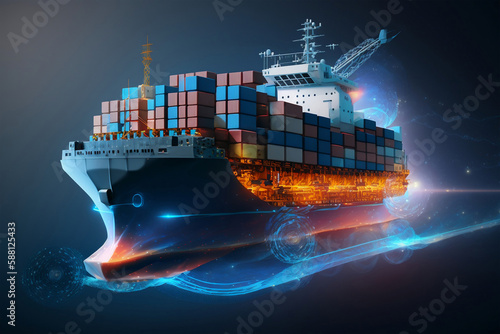 Container ship or cargo shipping business logistic import and export freight transportation by container ship in the open sea, generative ai