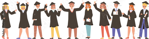 Happy graduate students team. Student hold diploma, cute teenagers in graduation gown. University college degree cartoon snugly vector characters