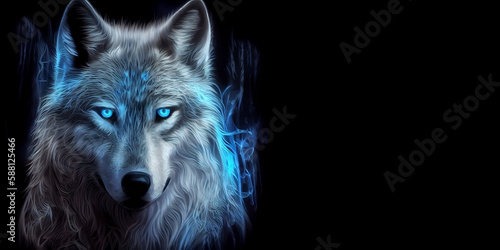 Mystical wolf with glowing eyes, in space style, on a black background with free space for any inscription or text. Generative AI
