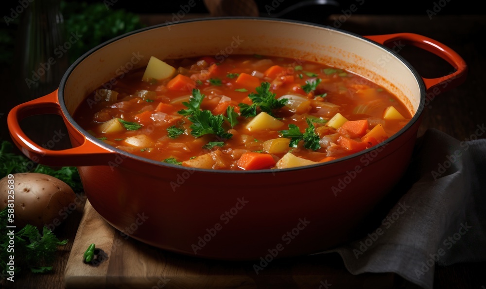 a pot of soup with carrots, potatoes and parsley. generative ai a pot of soup with carrots, potatoes and parsley. generative ai