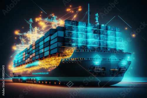 Container ship or cargo shipping business logistic import and export freight transportation by container ship in the open sea, generative ai