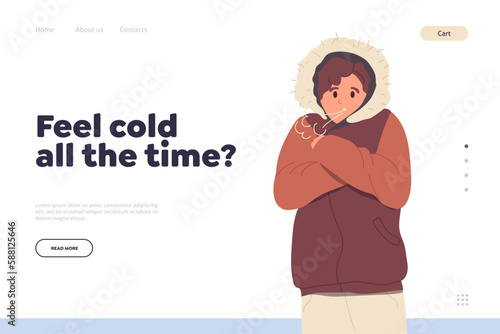 Landing page design with young man character suffering from cold bad frosty winter weather