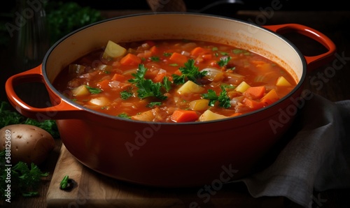  a pot of soup with carrots, potatoes and parsley.  generative ai