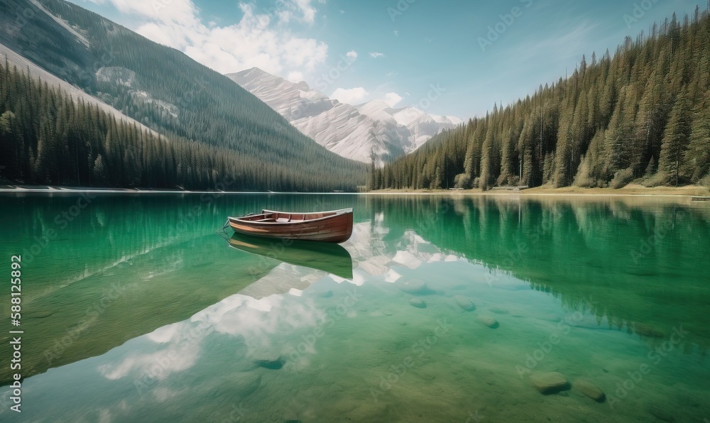  a small boat floating on top of a lake surrounded by mountains.  generative ai