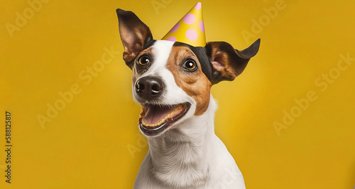 Jack Russell dog is happy with yellow hat, celebrating birthday, on yellow background. Free copy space. Generative AI © Tatiana