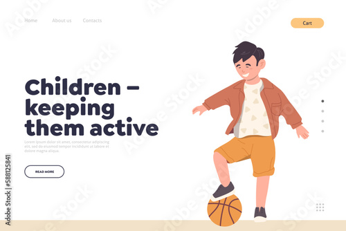 Landing page design template with happy boy kid playing basketball ball and active children concept