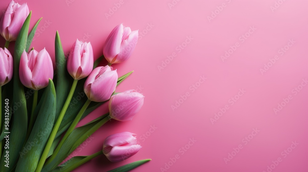 Spring tulips on a color background. Space for copy. Generative AI