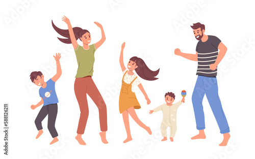 Happy family with children dancing, parents and kids having good time together isolated on white