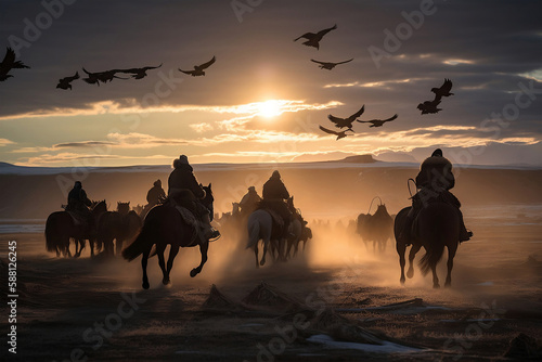 Kazakh berkut hunting western Mongolia Golden eagle festival horse riding, generative ai © jambulart