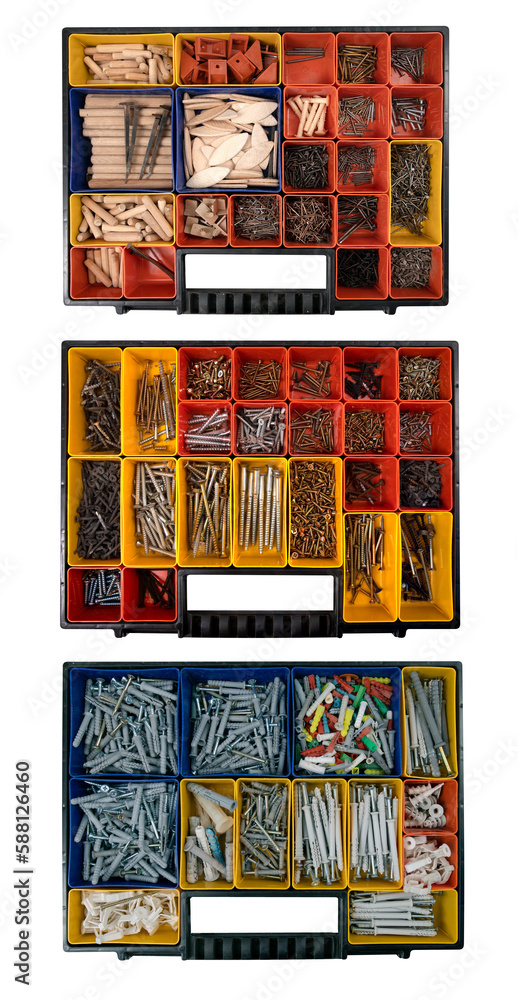 Plastic boxes with compartments for screws and bolts needed for home repairs. Isolated background.