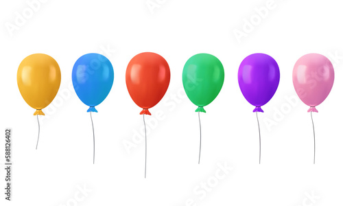 3D Balloon set in cartoon style. Bunch of realistic balloons for birthday and party. Flying ballon with rope. Blue  red yellow and green ball isolated on white background. 3D render icon celebrate