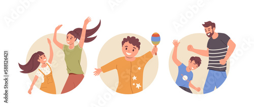 Happy smiling family dancing round icon avatar set  joyful parents and kids vector illustration