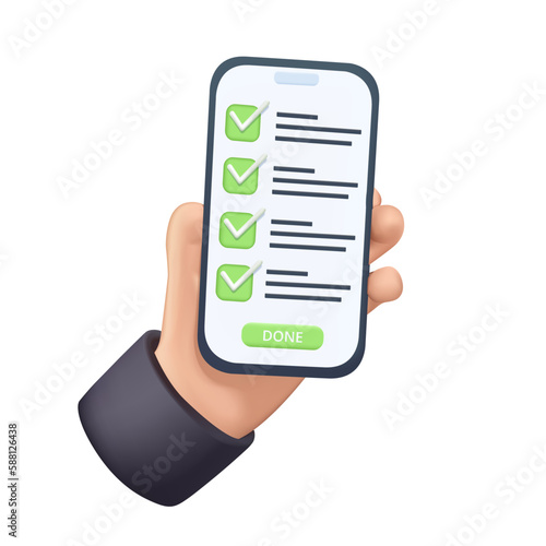 Mobile app task manager 3D render icon. Hand holding phone with todo check list. Results report for education exam, assigment project management. Checklist pattern 3D planner vector illustration photo