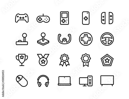 Gaming and video games icon set with adjustable line weight