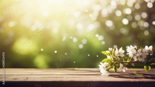 Spring Time - Blossoms On Wooden Table In Green Garden With Defocused Bokeh Lights And Flare Effect. Generative AI © Stitch