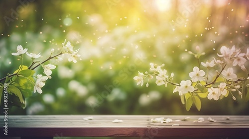 Spring Time - Blossoms On Wooden Table In Green Garden With Defocused Bokeh Lights And Flare Effect. Generative AI