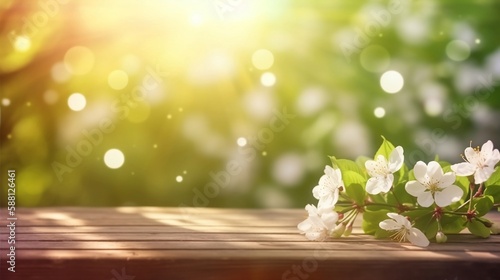 Spring Time - Blossoms On Wooden Table In Green Garden With Defocused Bokeh Lights And Flare Effect. Generative AI © Stitch