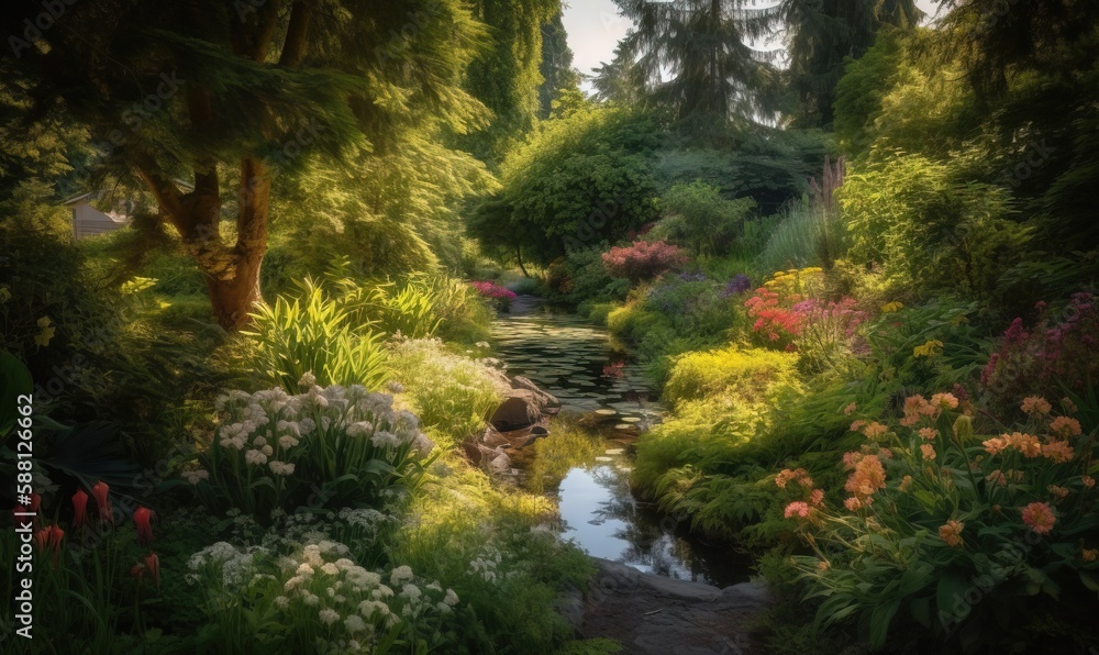 a stream running through a lush green forest filled with flowers. generative ai a stream running through a lush green forest filled with flowers. generative ai