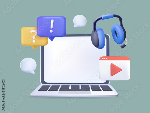 Podcast 3D illustration. Headphones, laptop computer microphone, equalizer, speech bubbles. Podcast recording and listening, broadcasting, online radio, audio streaming service 3D render Vector set