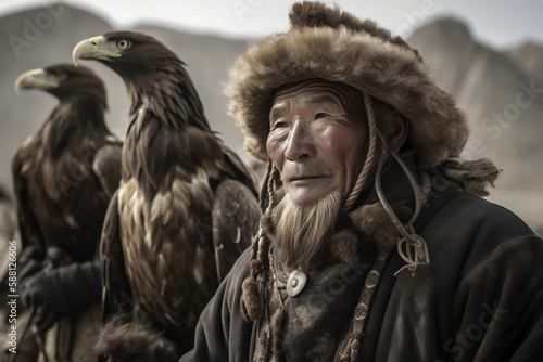 Mongolian eagle hunter, generative ai © jambulart