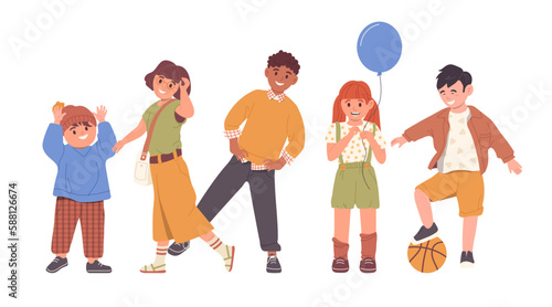 Happy diverse children smiling feeling positive emotion standing in different pose cartoon set
