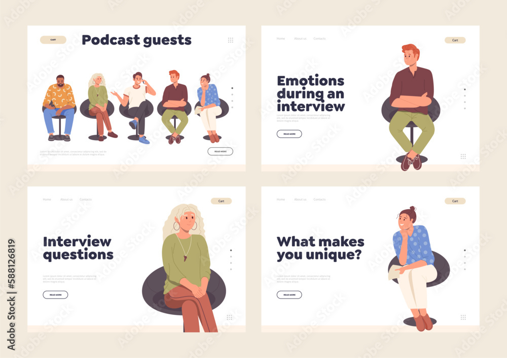 Landing page with young people sitting on chair and waiting for job interview or listening podcast Landing page with young people sitting on chair and waiting for job interview or listening podcast