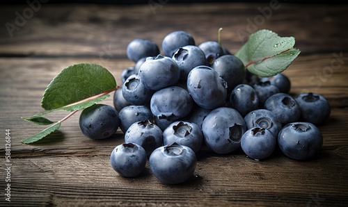 a pile of blueberries with a leaf on top of it. generative ai