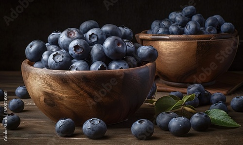  a wooden bowl filled with blueberries next to a wooden bowl filled with blueberries.  generative ai
