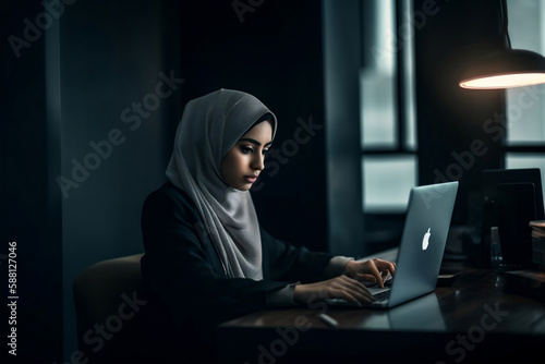 Asian Muslim businesswoman working in the office, using notebook laptop, generative ai