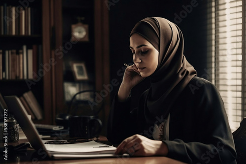 Hijab, senior business manager and woman portrait of a muslim ceo happy about office, generative ai
