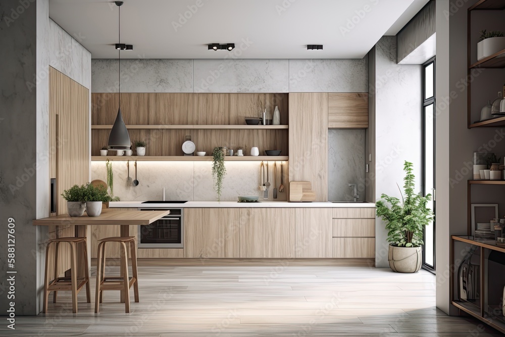 modern kitchen with a central island and bar stools. Generative AI modern kitchen with a central island and bar stools. Generative AI