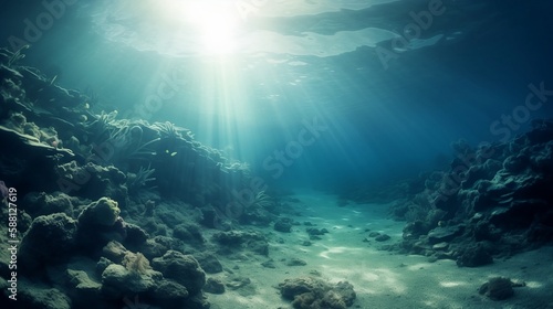 Underwater Sea - Deep Water Abyss With Blue Sun light. Generative AI