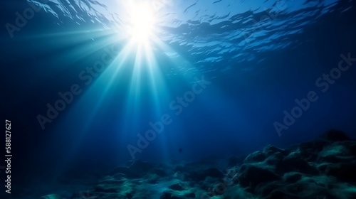 Underwater Sea - Deep Water Abyss With Blue Sun light. Generative AI