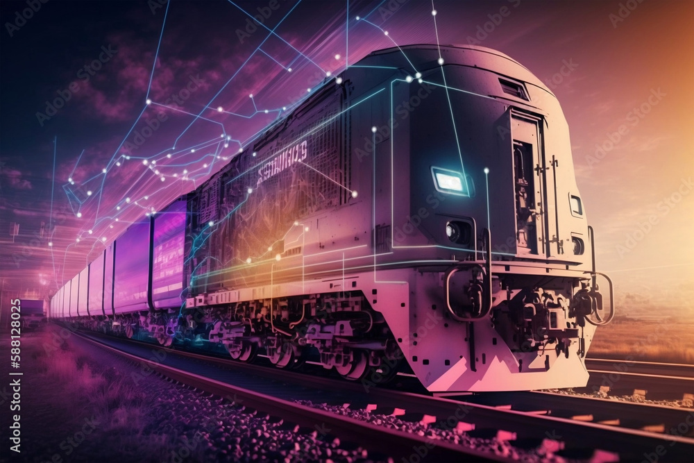 Obraz premium Train wagons carrying cargo containers for shipping companies., generative ai