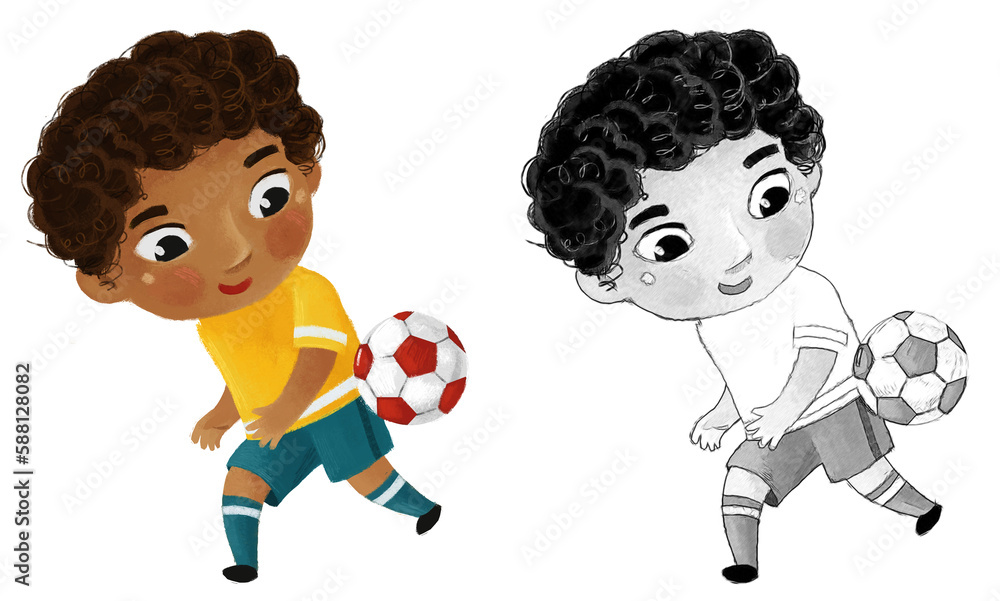 cartoon scene with kid playing running sport ball soccer football hobby - illustration for children cartoon scene with kid playing running sport ball soccer football hobby - illustration for children